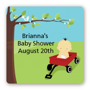  Little Red Wagon - Square Personalized Baby Shower Sticker Labels Caucasian