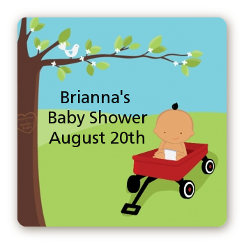  Little Red Wagon - Square Personalized Baby Shower Sticker Labels Caucasian