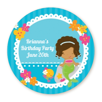  Mermaid African American - Round Personalized Birthday Party Sticker Labels 