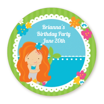  Mermaid Red Hair - Round Personalized Birthday Party Sticker Labels 