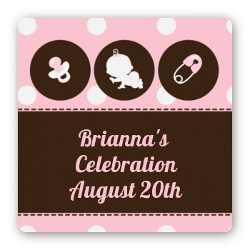 Modern Baby Girl Pink Polka Dots - Square Personalized Baby Shower Sticker Labels