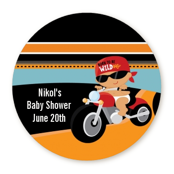  Motorcycle Hispanic Baby Boy - Round Personalized Baby Shower Sticker Labels 