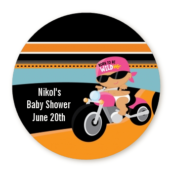  Motorcycle Hispanic Baby Girl - Round Personalized Baby Shower Sticker Labels 