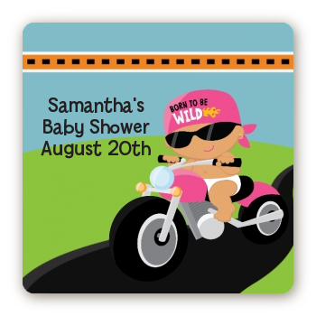 Motorcycle Hispanic Baby Girl - Square Personalized Baby Shower Sticker Labels
