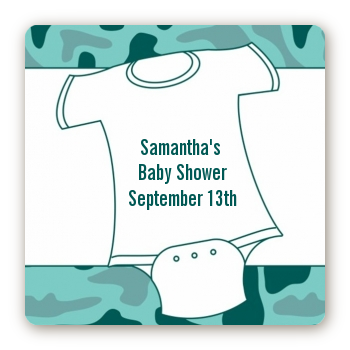 Baby Outfit Green Camo - Square Personalized Baby Shower Sticker Labels