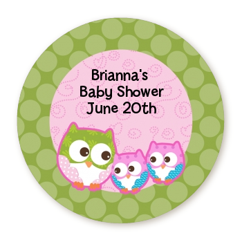  Owl - Look Whooo's Having Twin Girls - Round Personalized Baby Shower Sticker Labels 