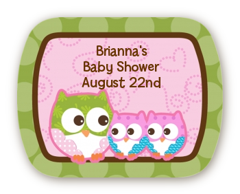 Owl - Look Whooo's Having Twin Girls - Personalized Baby Shower Rounded Corner Stickers