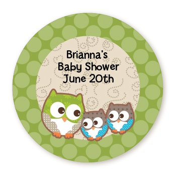  Owl - Look Whooo's Having Twins - Round Personalized Baby Shower Sticker Labels 