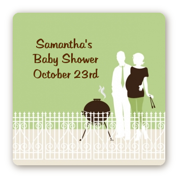 Silhouette Couple BBQ Neutral - Square Personalized Baby Shower Sticker Labels