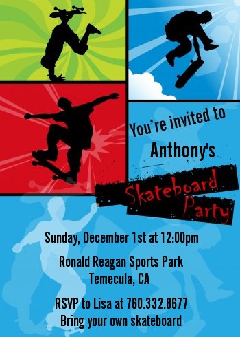 Skateboard Birthday Party Invitations | Candles and Favors