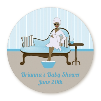  Spa Mom Blue African American - Round Personalized Baby Shower Sticker Labels 