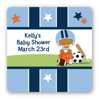 Sports Baby African American - Square Personalized Baby Shower Sticker Labels