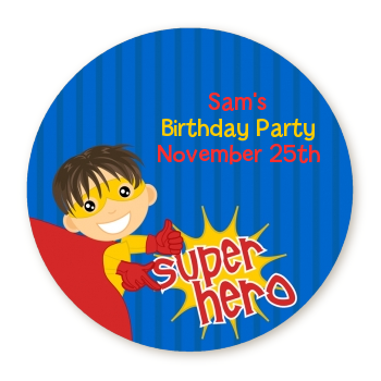  Superhero Boy - Round Personalized Birthday Party Sticker Labels 