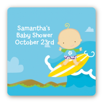Surf Boy - Square Personalized Baby Shower Sticker Labels