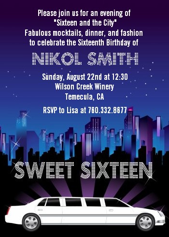 Sweet 16 Limo - Birthday Party Invitations