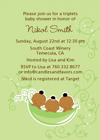  Triplets Three Peas in a Pod African American - Baby Shower Invitations Triplet Boys