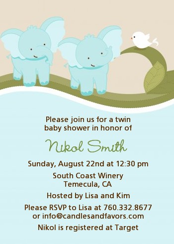 Twin Elephant Boys Baby Shower Invitations Candles and Favors