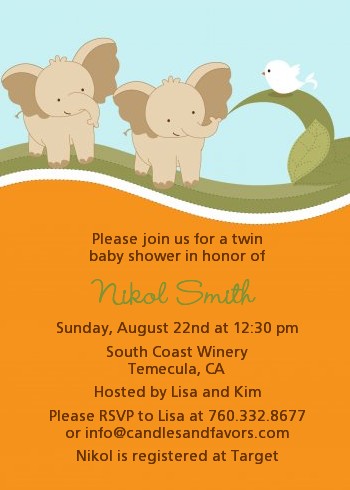 Twin Elephants - Baby Shower Invitations