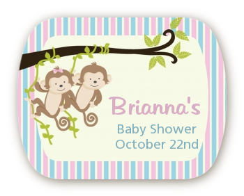 Twin Monkey 1 Girl and 1 Boy - Personalized Baby Shower Rounded Corner Stickers