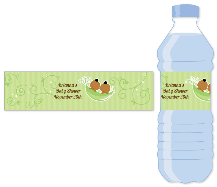  Twins Two Peas in a Pod African American - Personalized Baby Shower Water Bottle Labels 1 Girl 1 Boy