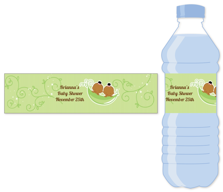  Twins Two Peas in a Pod African American - Personalized Baby Shower Water Bottle Labels 1 Girl 1 Boy