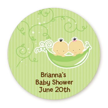  Twins Two Peas in a Pod Asian - Round Personalized Baby Shower Sticker Labels 2 Boys