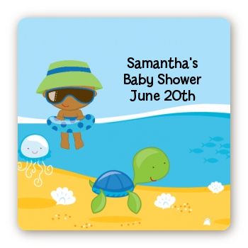 Beach Baby African American Boy - Square Personalized Baby Shower Sticker Labels