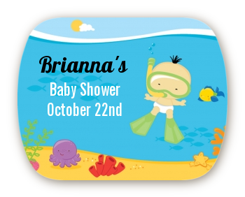 Under the Sea Asian Baby Snorkeling - Personalized Baby Shower Rounded Corner Stickers