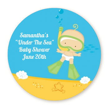  Under the Sea Baby Snorkeling - Round Personalized Baby Shower Sticker Labels 