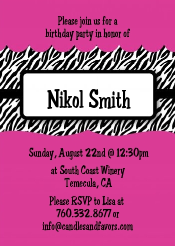  Birthday Party Favors on Zebra Print Pink   Birthday Party Invitations