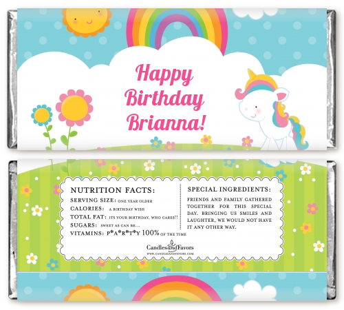 Rainbow Unicorn Birthday Party Candy Bar Wrappers | Candles & Favors