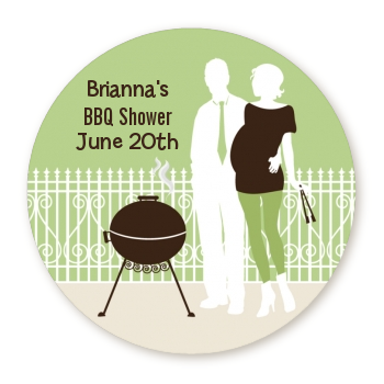  Silhouette Couple BBQ Neutral - Round Personalized Baby Shower Sticker Labels 
