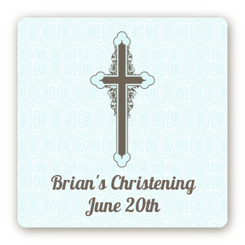 Cross Blue & Brown - Square Personalized Baptism / Christening Sticker Labels