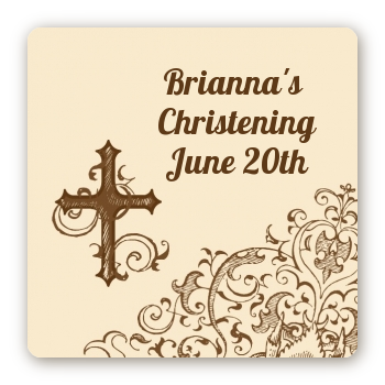 Cross Brown & Beige - Square Personalized Baptism / Christening Sticker Labels