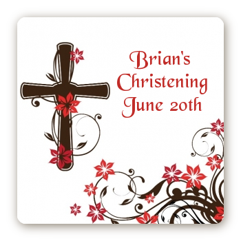 Cross Floral Blossom - Square Personalized Baptism / Christening Sticker Labels