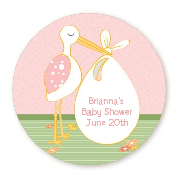  Stork It's a Girl - Round Personalized Baby Shower Sticker Labels 