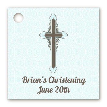 Cross Blue & Brown - Personalized Baptism / Christening Card Stock Favor Tags