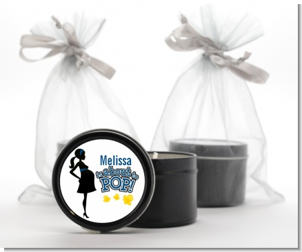 About To Pop Mommy Navy Blue - Baby Shower Black Candle Tin Favors