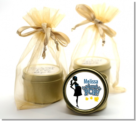 About To Pop Mommy Navy Blue - Baby Shower Gold Tin Candle Favors