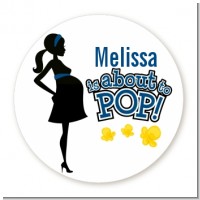 About To Pop Mommy Navy Blue - Round Personalized Baby Shower Sticker Labels