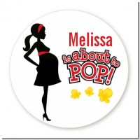 About To Pop Mommy Red - Round Personalized Baby Shower Sticker Labels