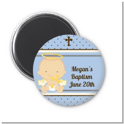 Angel Baby Boy Caucasian - Personalized Baptism / Christening Magnet Favors
