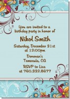 Aqua & Brown Floral - Birthday Party Invitations