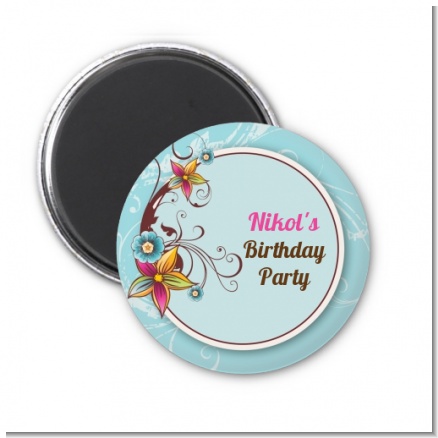Aqua & Brown Floral - Personalized Birthday Party Magnet Favors