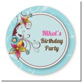 Aqua & Brown Floral - Round Personalized Birthday Party Sticker Labels