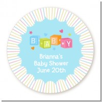 Baby Blocks Blue - Round Personalized Baby Shower Sticker Labels