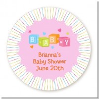 Baby Blocks Pink - Round Personalized Baby Shower Sticker Labels