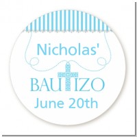 Bautizo Cross Blue - Round Personalized Baptism / Christening Sticker Labels