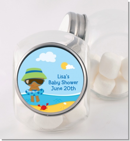 Beach Baby African American Boy - Personalized Baby Shower Candy Jar