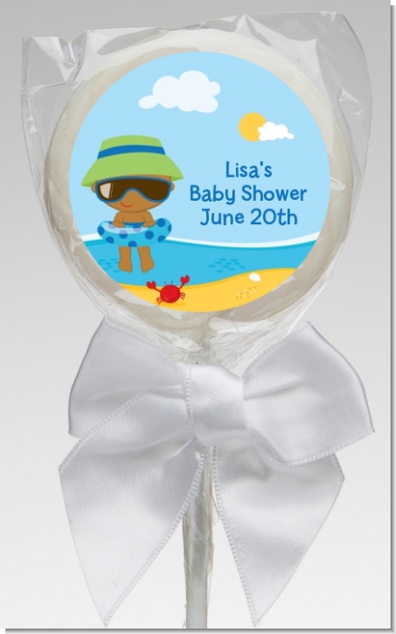 Beach Baby African American Boy - Personalized Baby Shower Lollipop Favors